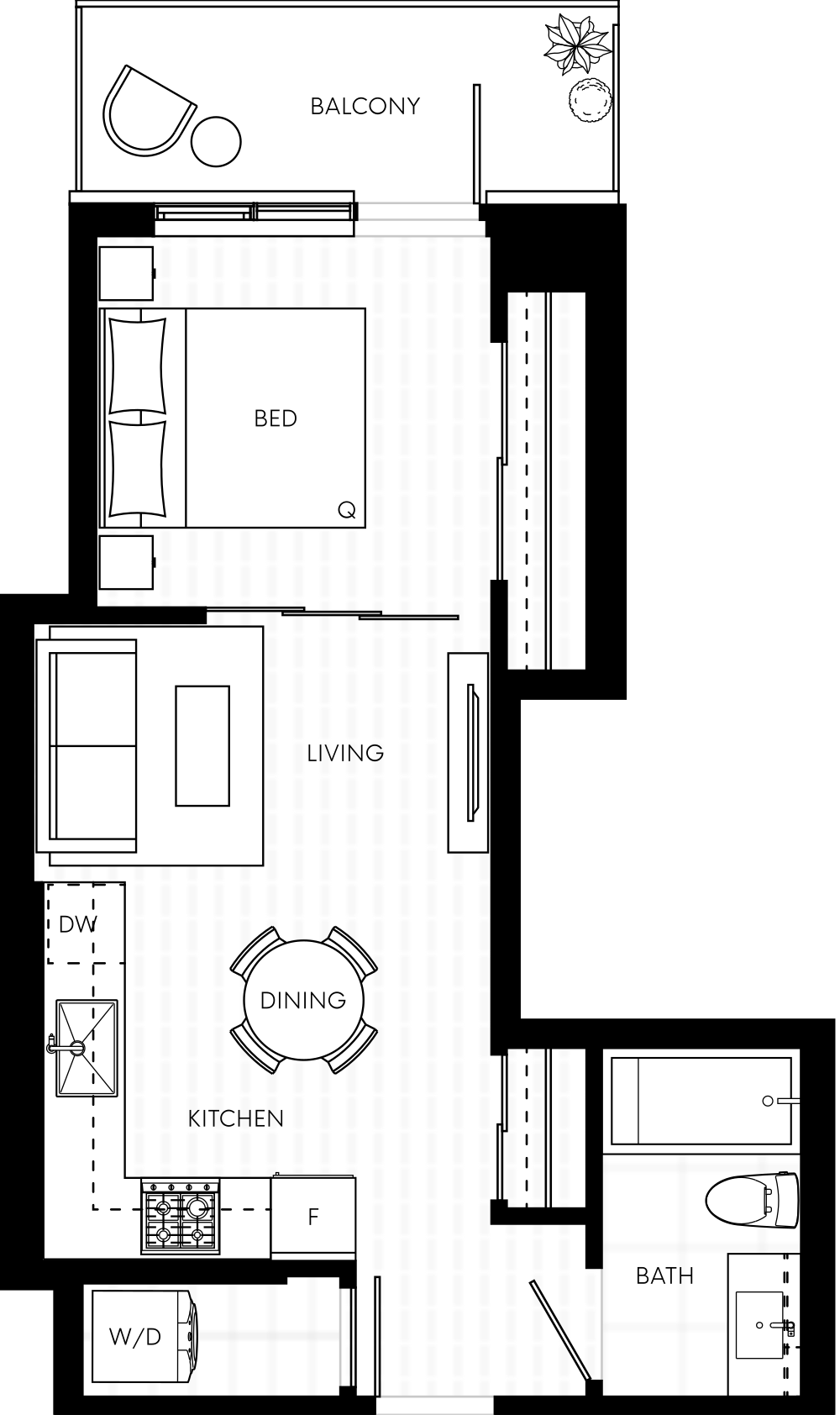 Plan A1 — Jr. 1 Bedroom, 448 sq ft interior (515–517 total)