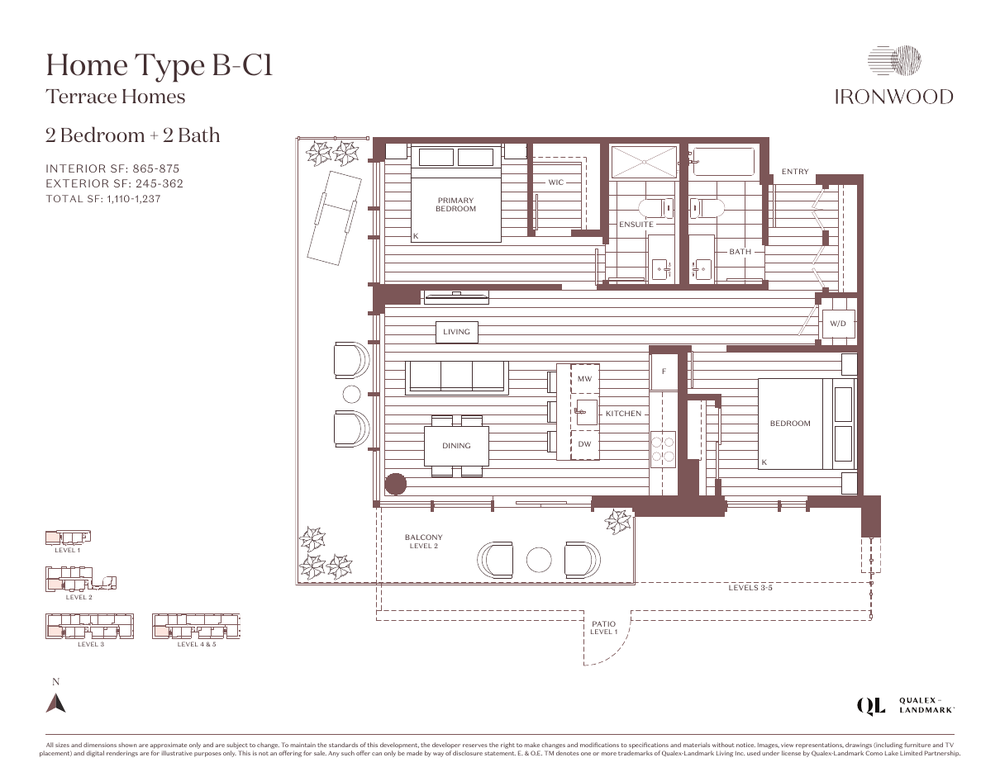 B-C1 户型（Terrace）— 室内 865–875 平方英尺，2 卫