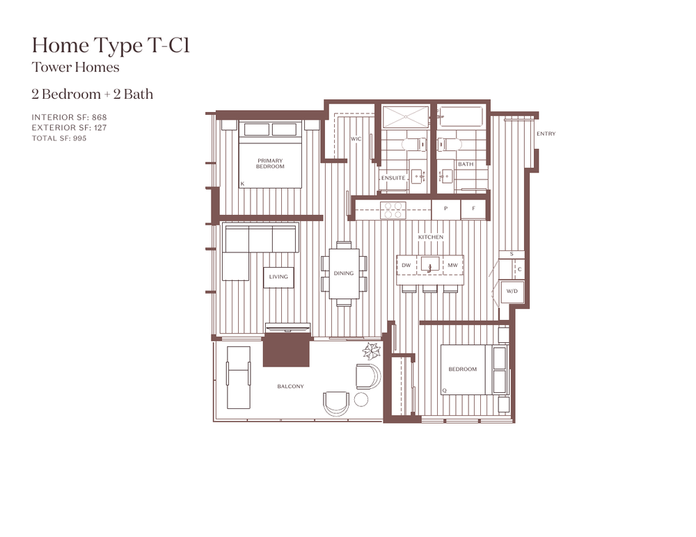T-C1 户型（Tower）— 室内 868 平方英尺，2 卫