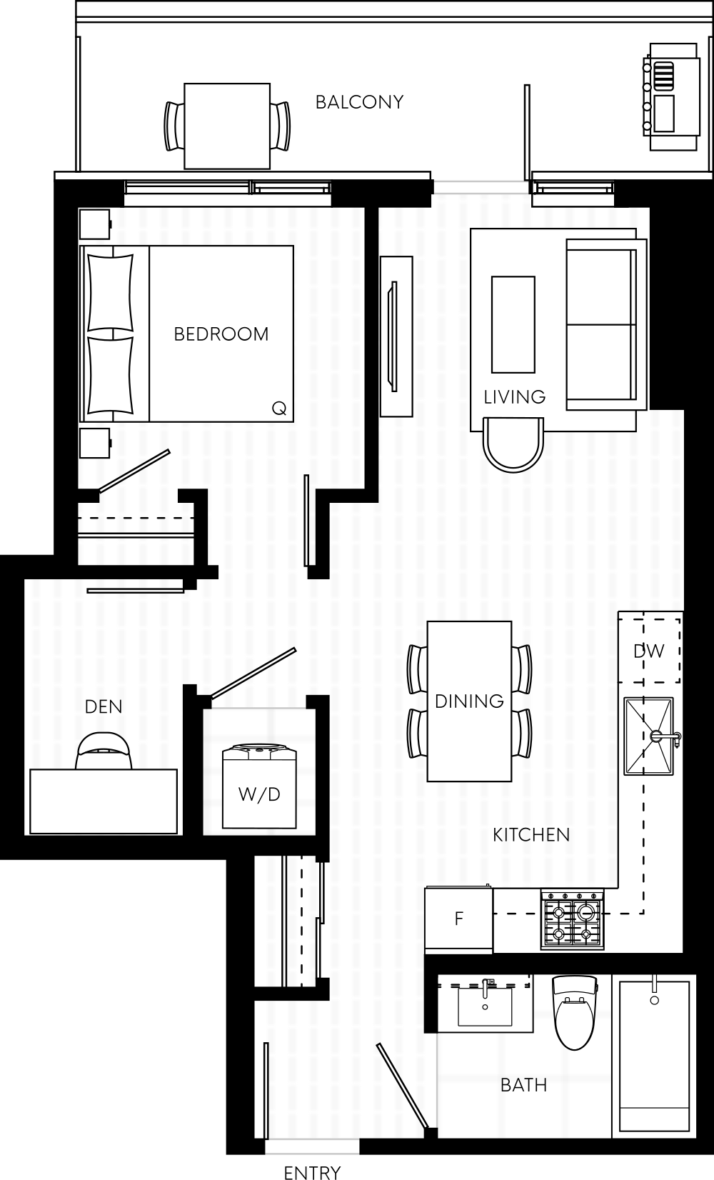 B1 户型 — 1 房 + 书房，室内 564 平方英尺（总 662–665）